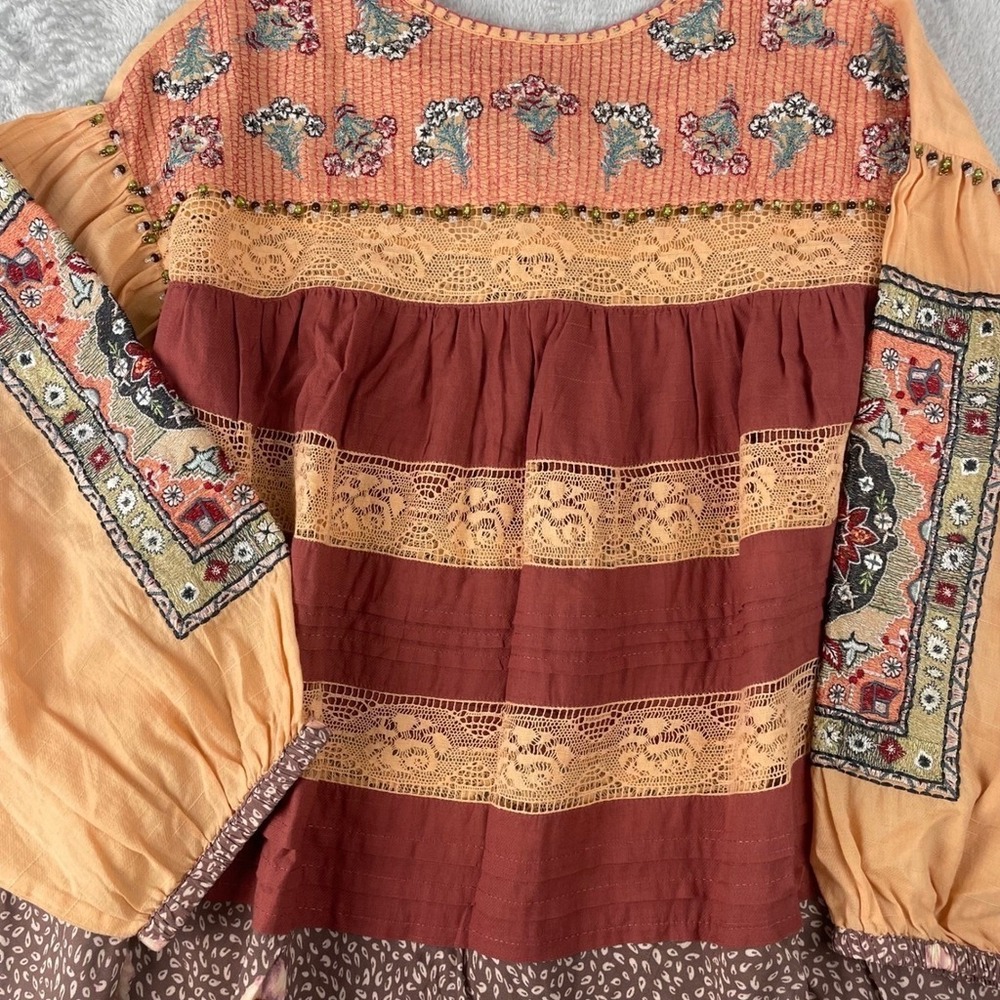 Boho Mixed Print Embroidered Tunic Top Lace Sequin Tassel Orange Brown Floral